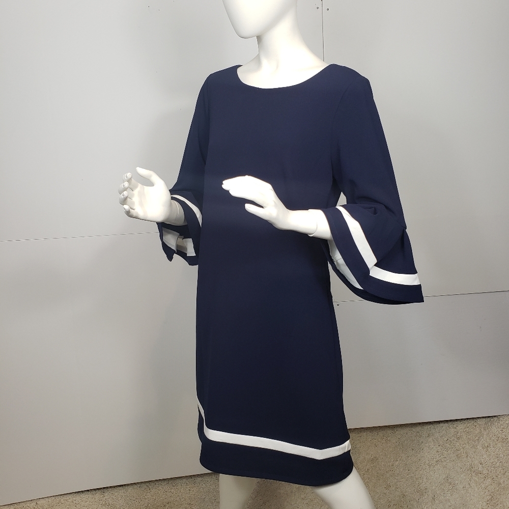 ChettA B Blue White Dress with Bell Sleeves 10